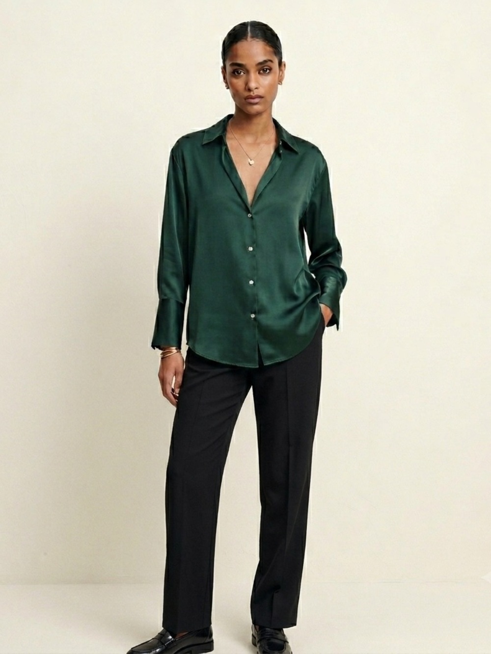 NWT Zara Emerald Green Satin Poly Shirt Top Small Silky Blouse Elegant Boho